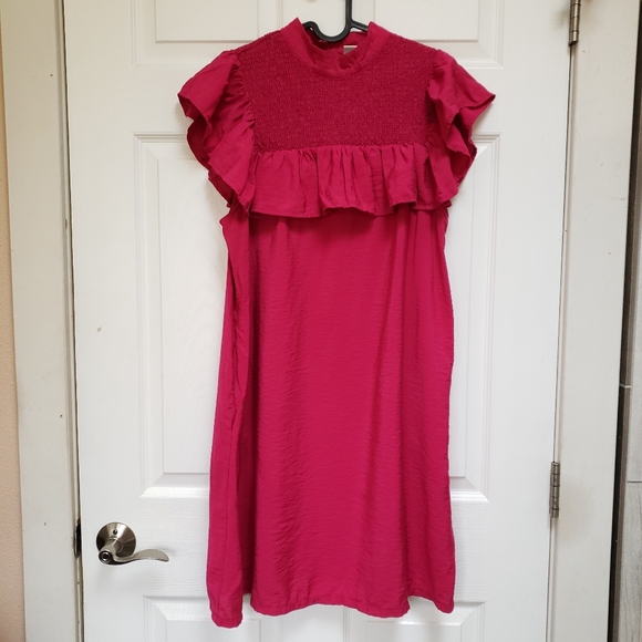 A New Day Fuchsia Pink Sleeveless Ruffle Smocked Yoke Shift Dress - Picture 1 of 7